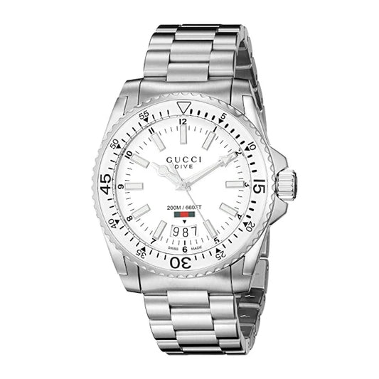 Gucci YA136302 men's dive watch with white dial, silver stainless steel case and bracelet – 40mm Swiss Made, 200m water resistance – Available at HEY WATCH.