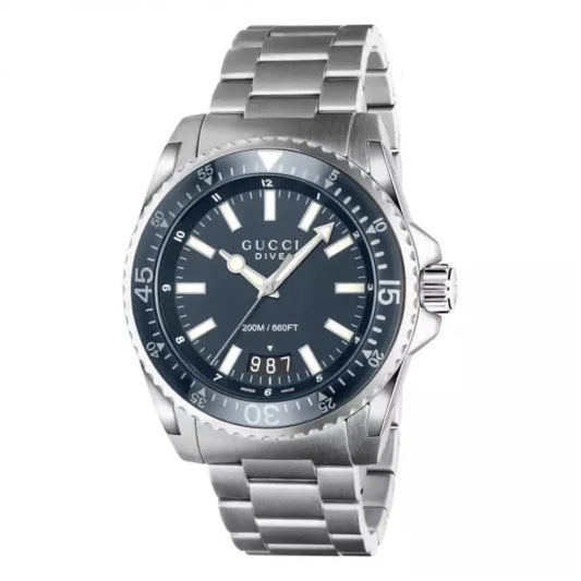 Gucci YA136311 men's dive watch with blue sunray dial, silver stainless steel case and bracelet – 40mm Swiss Made, 200m water resistance – Available at HEY WATCH.