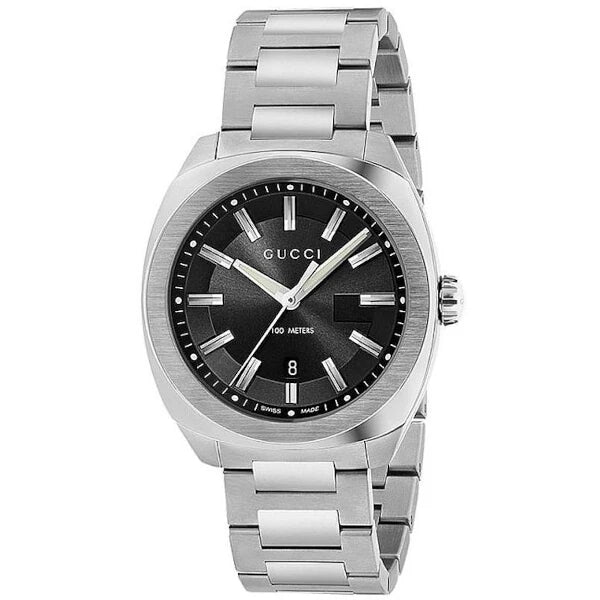 Gucci YA142301 men’s watch with black dial, silver stainless steel case and bracelet – 38mm Swiss Made timepiece available at HEY WATCH.