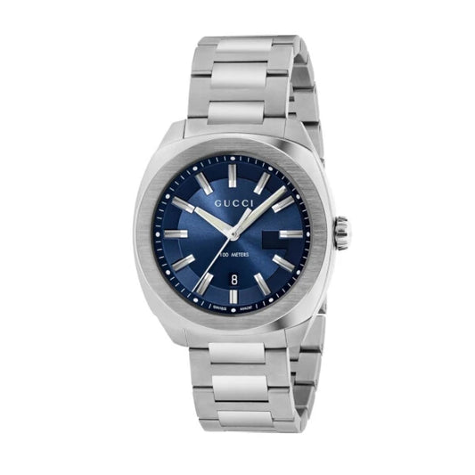 Gucci YA142303 men's watch with blue sunray dial, silver stainless steel case and bracelet – 40mm Swiss Made timepiece available at HEY WATCH.