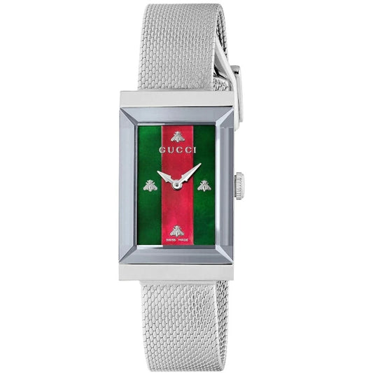 Gucci YA147401 women's watch with rectangular case, green and red dial, silver stainless steel mesh strap and bee markers – Swiss Made, available at HEY WATCH.
