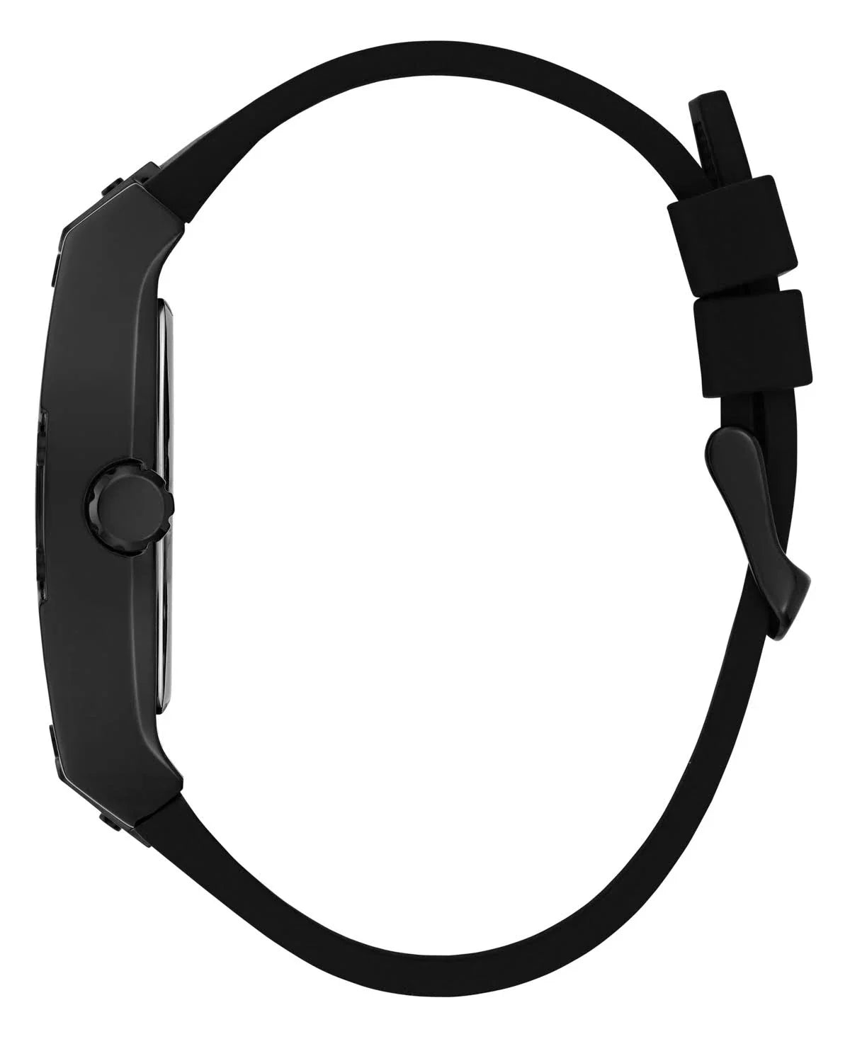 GUESS GW0514G2 side view – black case profile with textured gold-tone crown and black silicone strap – modern dragon-inspired timepiece by HEY WATCH.