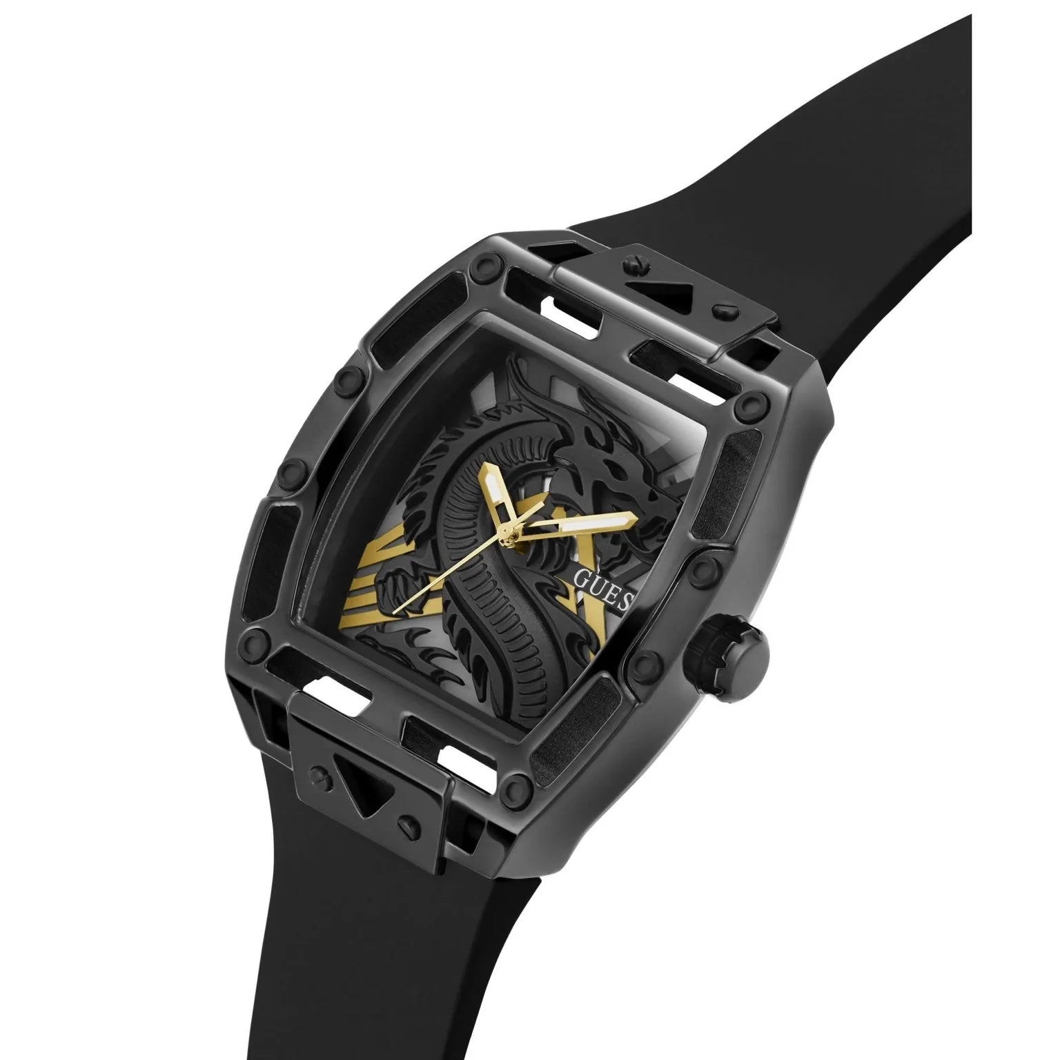 GUESS GW0514G2 diagonal view – skeleton dial with gold dragon motif and gold-tone accents inside a black case – premium Dragon Edition style by HEY WATCH.