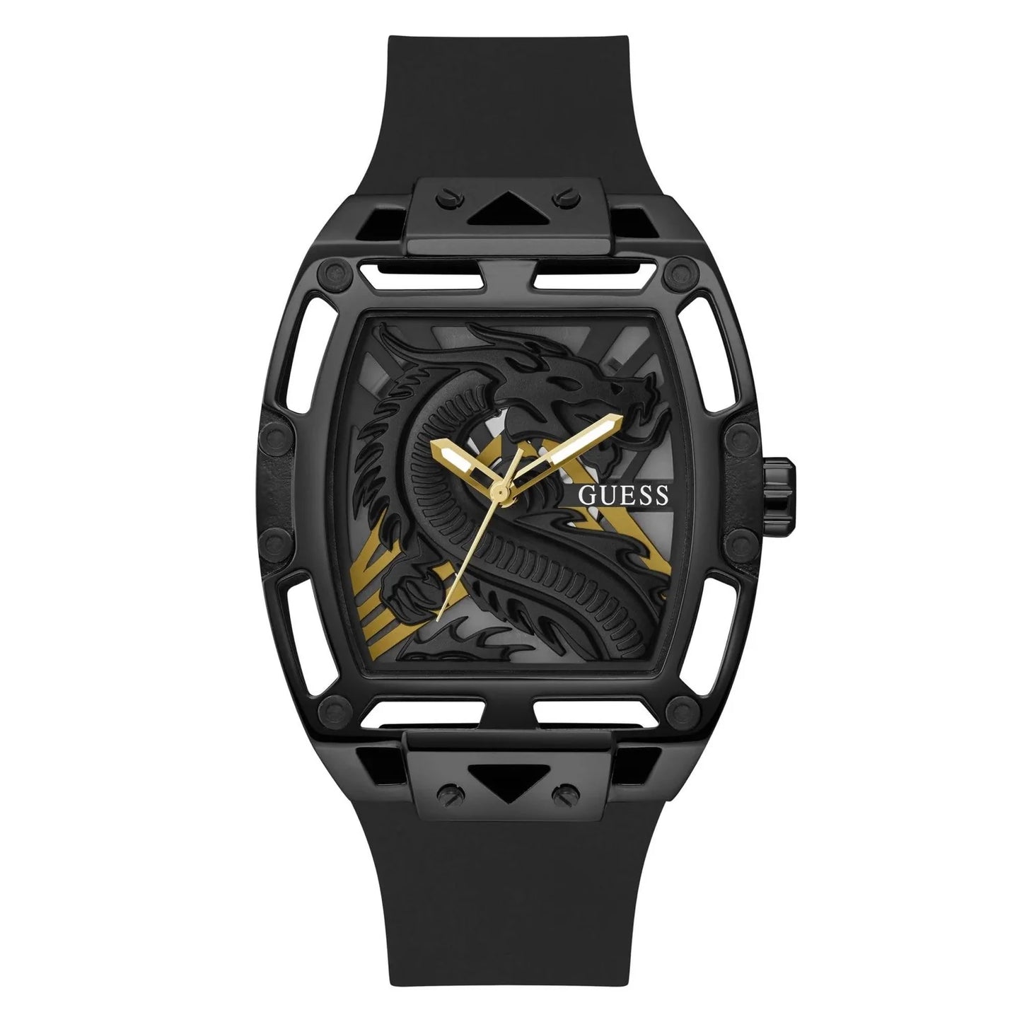 GUESS GW0514G2 front view – men's Dragon Edition watch with black skeleton dial, visible gold dragon design, and black silicone strap – bold statement by HEY WATCH.