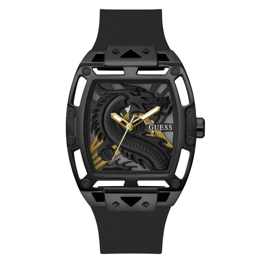 GUESS GW0514G2 front view – men's Dragon Edition watch with black skeleton dial, visible gold dragon design, and black silicone strap – bold statement by HEY WATCH.