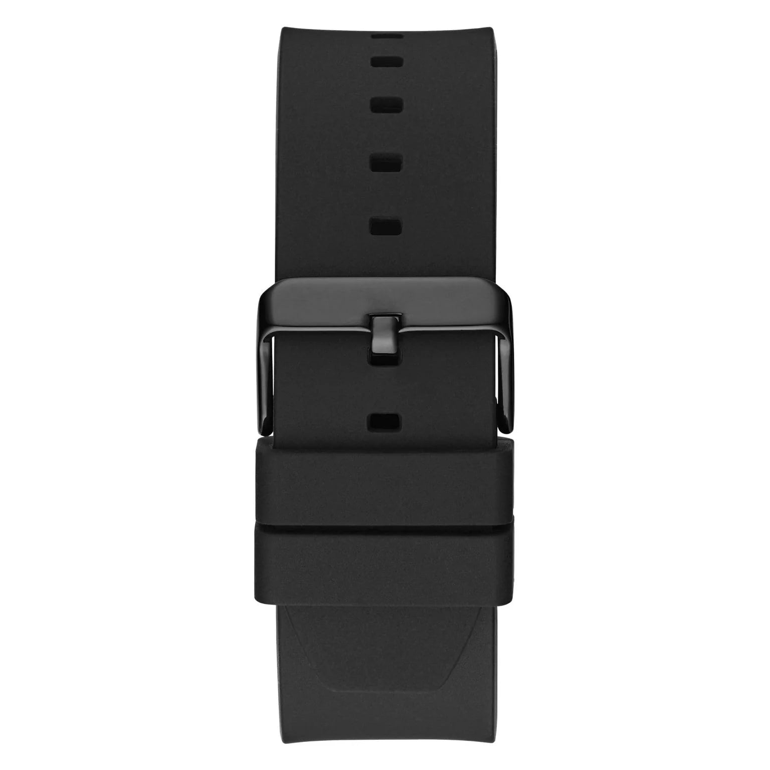 GUESS GW0514G2 clasp view – black silicone strap with engraved GUESS logo and gold-tone stainless steel buckle – secure and sporty design by HEY WATCH.