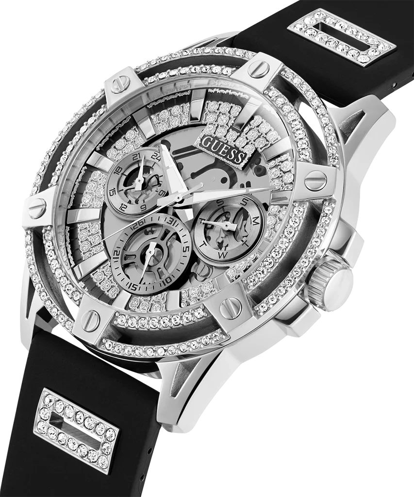 GUESS GW0537G1 diagonal view – multifunction silver dial with luminous hands and sparkling crystal accents – bold men's design by HEY WATCH.
