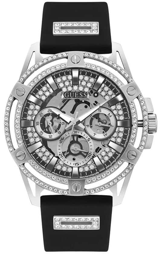 GUESS GW0537G1 men's watch front view – 48mm silver-tone stainless steel case with crystal-accented silver dial and black silicone strap – HEY WATCH.