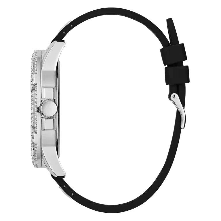 GUESS GW0537G1 side view – slim stainless steel case with textured crown and comfortable black silicone strap – modern style by HEY WATCH.