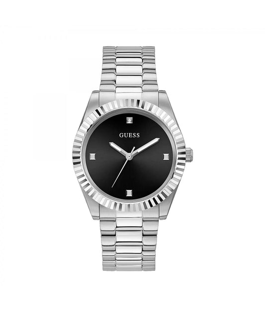 GUESS GW0542G1 front view – men's stainless steel watch with black dial and silver-tone bracelet – classic elegance by HEY WATCH.