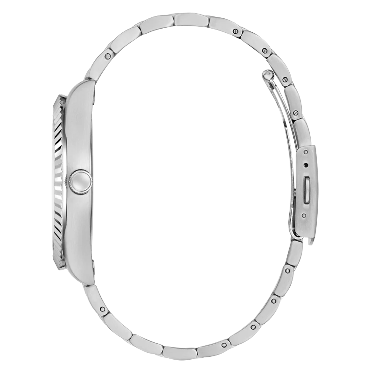 GUESS GW0542G1 side view – polished stainless steel case profile with textured crown – sophisticated men's timepiece by HEY WATCH.