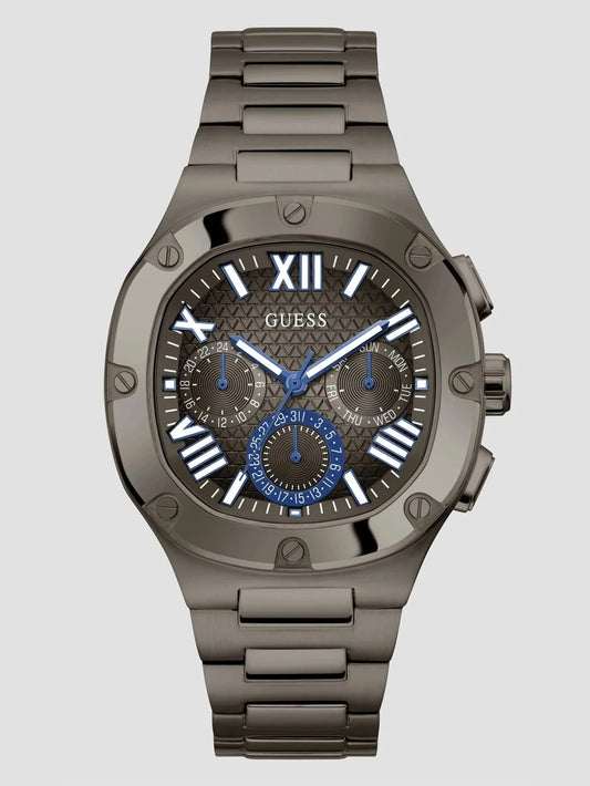 GUESS GW0572G5 front view – men's gunmetal stainless steel chronograph watch with blue dial – modern elegance by HEY WATCH.