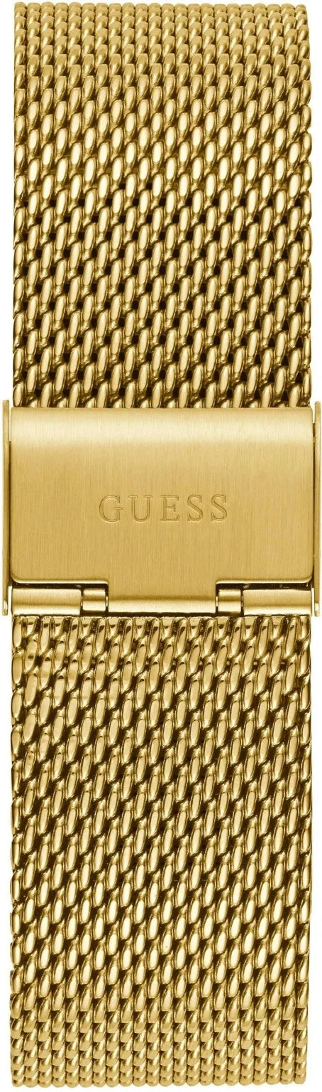 GUESS GW0572G5 bracelet clasp view – engraved fold-over clasp in gold-tone stainless steel with signature GUESS branding – premium finish by HEY WATCH.