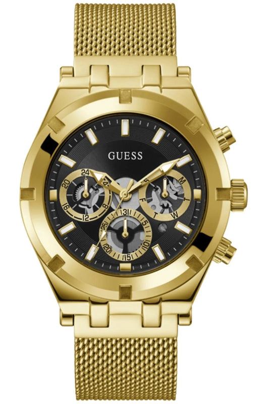 GUESS GW0572G5 front view – men's chronograph watch with green sunray dial and gold-tone stainless steel case and bracelet – bold luxury style by HEY WATCH.