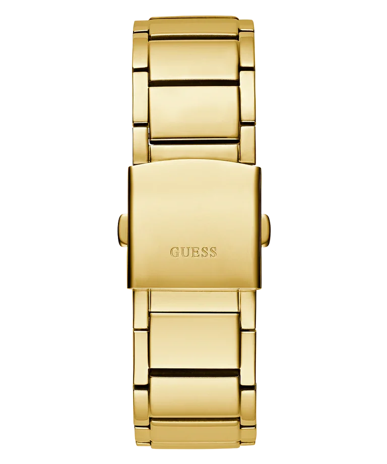 GUESS GW0624G2 clasp view – gold stainless steel bracelet with fold-over clasp and engraved GUESS logo – secure and refined finish by HEY WATCH.