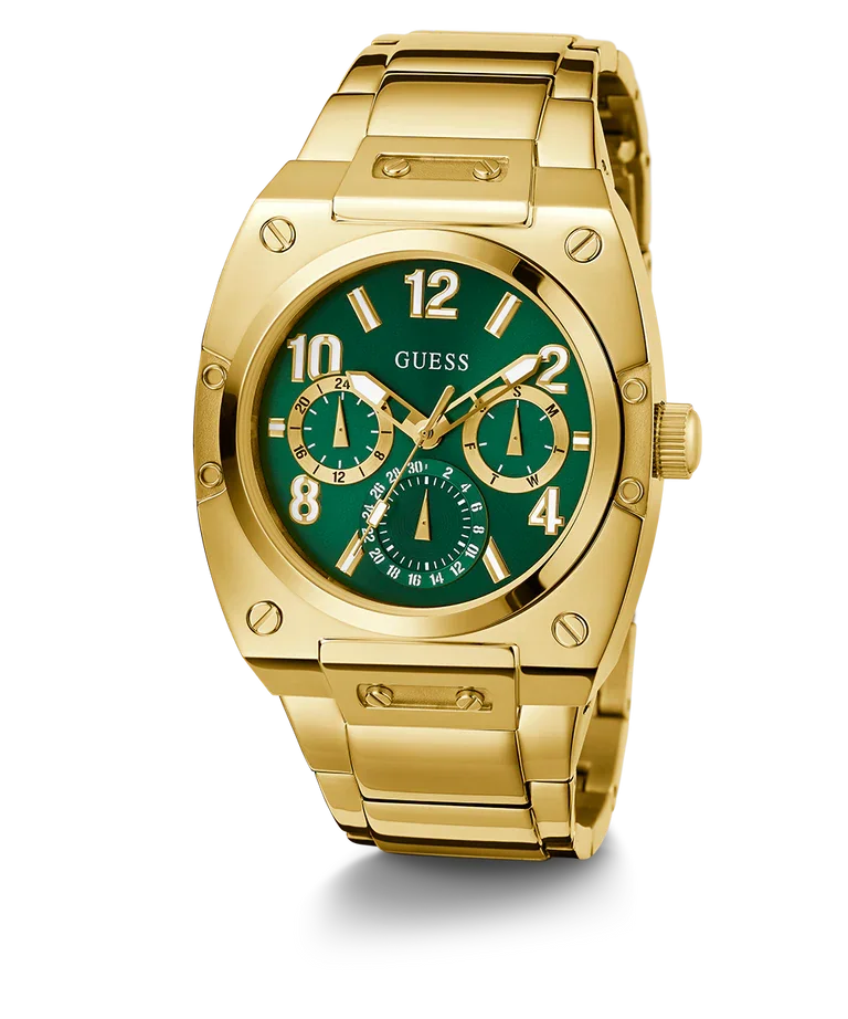 GUESS GW0624G2 angled view – elegant green dial with gold-tone chronograph subdials, housed in a polished gold stainless steel case – modern luxury by HEY WATCH.