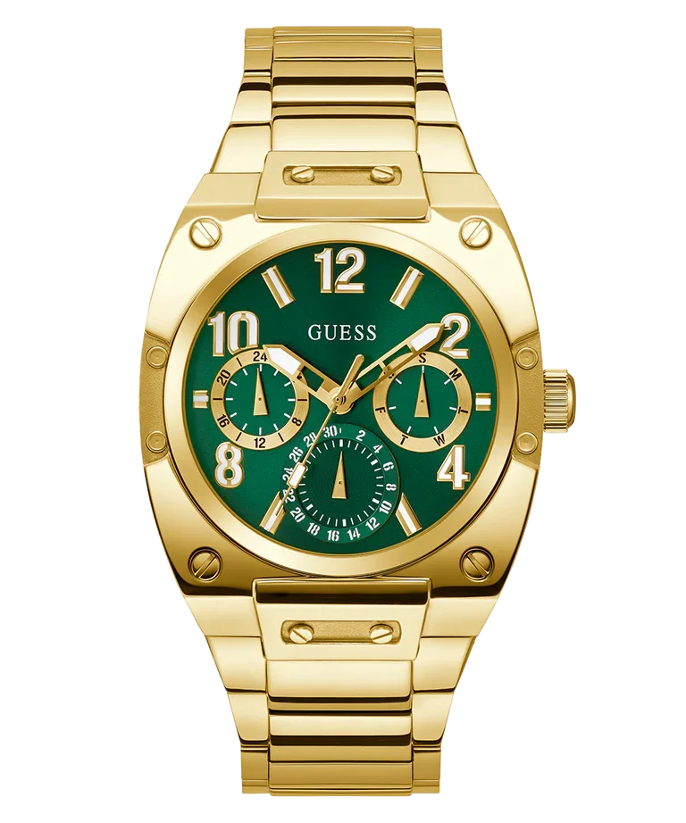 GUESS GW0624G2 front view – men's chronograph watch with green dial, gold-tone stainless steel case and bracelet – bold and luxurious design by HEY WATCH.