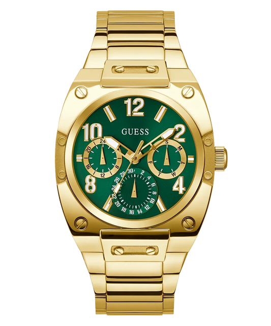 GUESS GW0624G2 front view – men's chronograph watch with green dial, gold-tone stainless steel case and bracelet – bold and luxurious design by HEY WATCH.