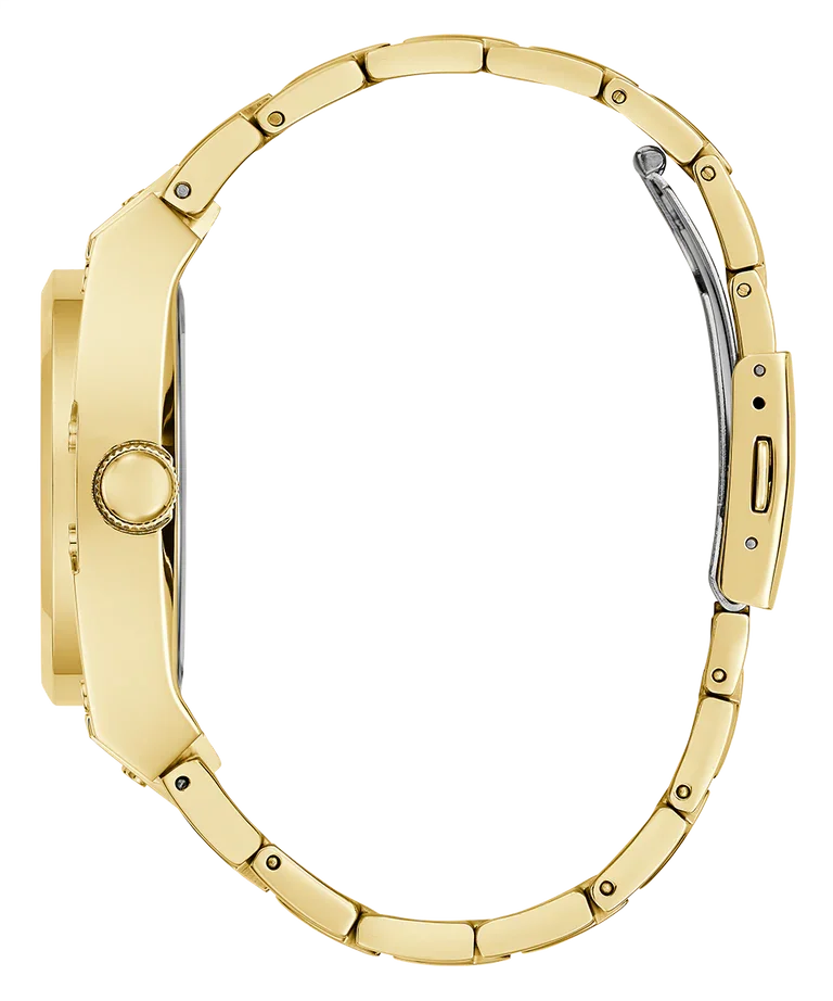 GUESS GW0624G2 side view – gold-tone case profile with crown and pushers, green dial detail and solid bracelet – premium timepiece by HEY WATCH.