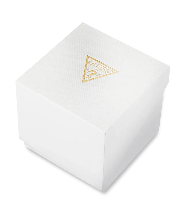 GUESS official watch box – premium branded packaging provided with the GW0624G2 gold men's chronograph – included with every HEY WATCH order.