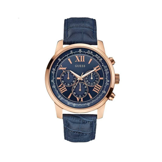 GUESS W0380G5 front view – men’s watch with blue leather strap, rose gold-tone stainless steel case, and blue chronograph dial – luxury style by HEY WATCH.