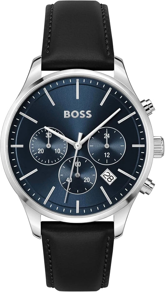 Hugo Boss 1514156 front view – men’s chronograph watch with blue dial, silver-tone case and black leather strap – refined sporty elegance by HEY WATCH.