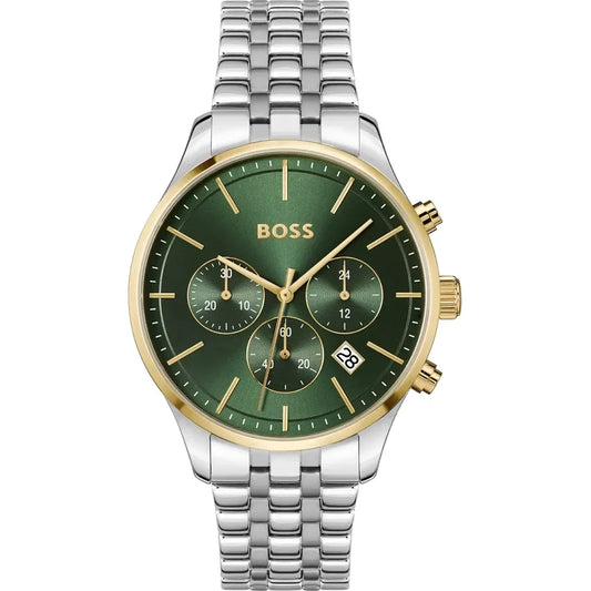 Hugo Boss 1514159 Avery front view – men’s chronograph watch with green dial, gold-tone subdials and two-tone stainless steel bracelet – luxury and precision by HEY WATCH.