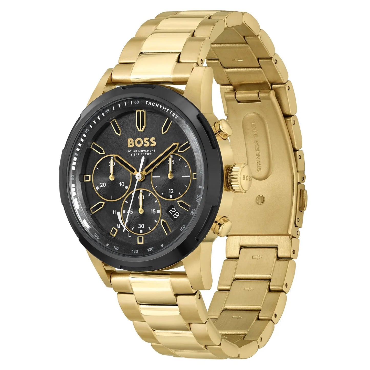 Hugo Boss HB1514033 angled view – gold stainless steel case with black dial and chronograph subdials – elegant men's solar-powered watch by HEY WATCH.
