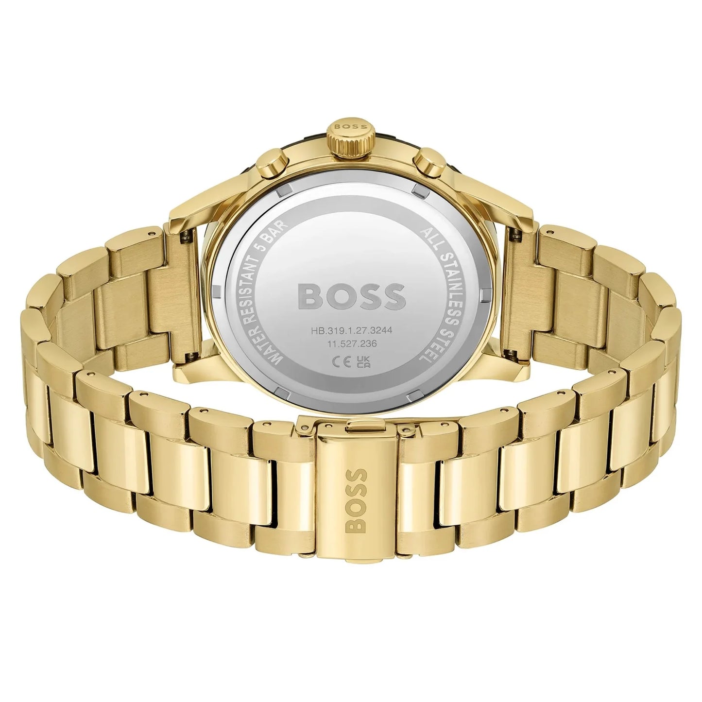 Hugo Boss HB1514033 back view – engraved caseback with solar technology indication and gold-tone bracelet – premium build by HEY WATCH.