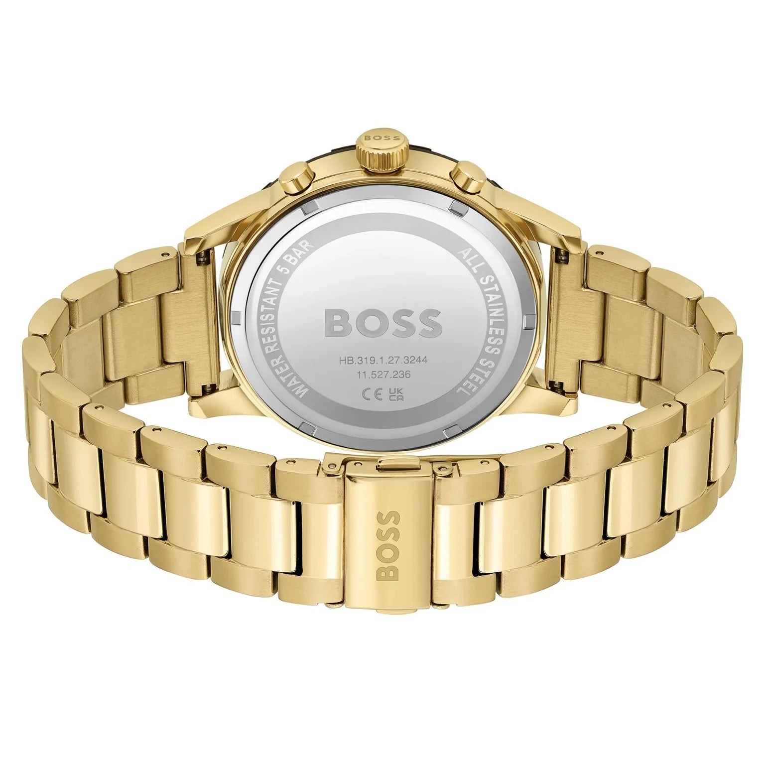 Hugo Boss HB1514033 back view – engraved caseback with solar technology indication and gold-tone bracelet – premium build by HEY WATCH.