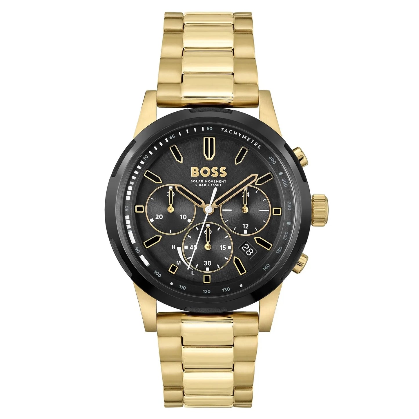 Hugo Boss HB1514033 front view – men's gold-tone solar chronograph watch with black dial and stainless steel bracelet – luxury solar timepiece by HEY WATCH.