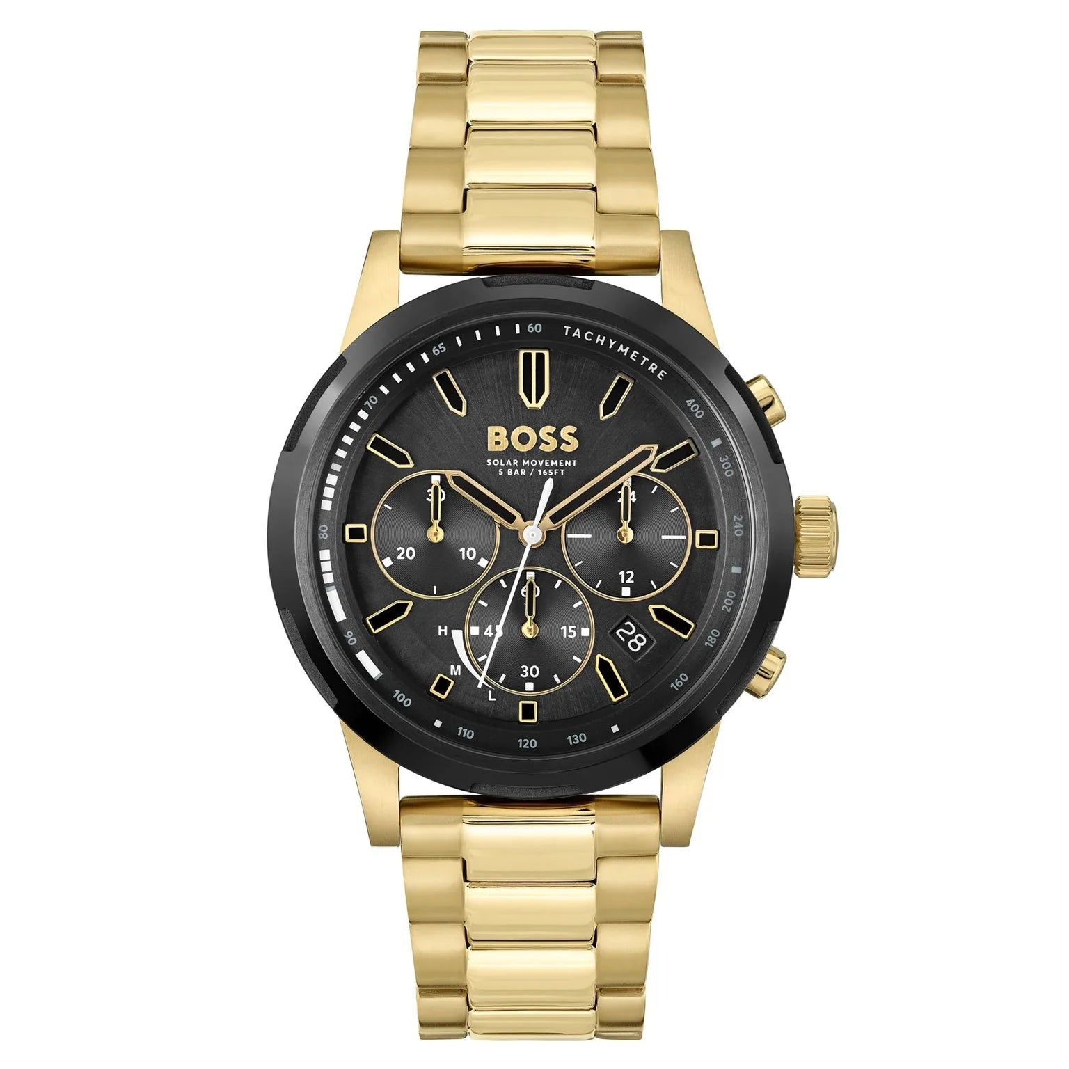 Hugo Boss HB1514033 front view – men's gold-tone solar chronograph watch with black dial and stainless steel bracelet – luxury solar timepiece by HEY WATCH.