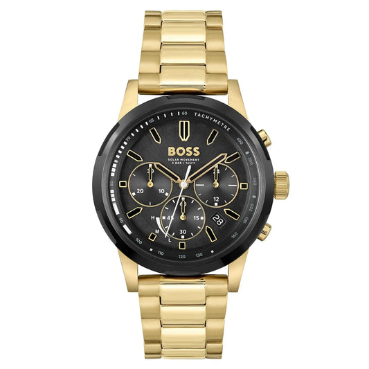 Hugo Boss HB1514033 front view – men's gold-tone solar chronograph watch with black dial and stainless steel bracelet – luxury solar timepiece by HEY WATCH.