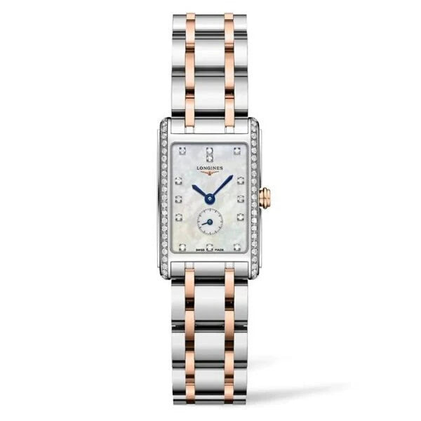 Front view of Longines DolceVita women's watch with two-tone bracelet and mother-of-pearl dial - Available at HEY WATCH