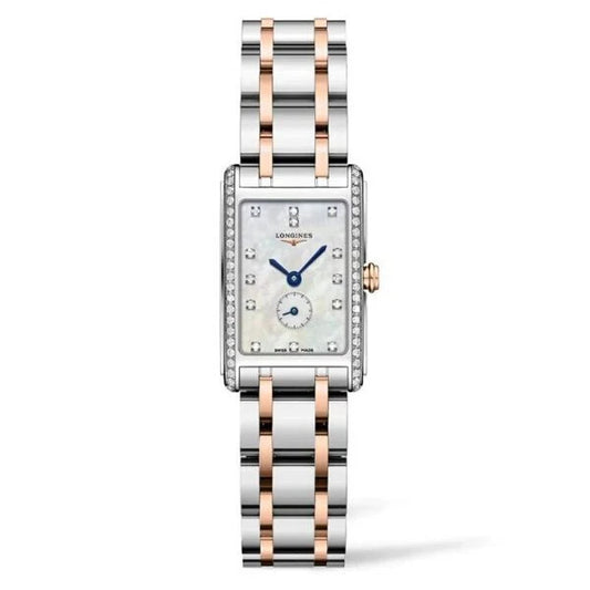 Front view of Longines DolceVita women's watch with two-tone bracelet and mother-of-pearl dial - Available at HEY WATCH