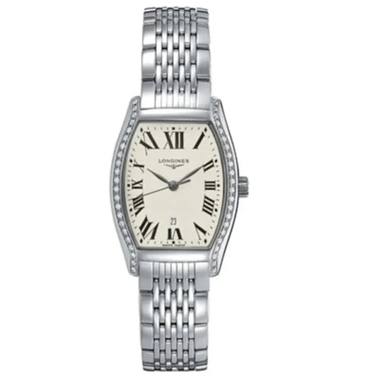 Front view of Longines Evidenza L2.155.0.71.6 women’s watch with silver dial, Roman numeral markers, diamond-set bezel, and stainless steel bracelet – HEY WATCH