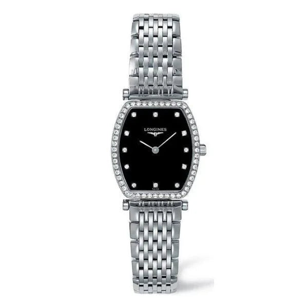 Front view of Longines Evidenza L4.288.0.58.6 women’s watch with black dial, diamond bezel, and stainless steel bracelet – HEY WATCH