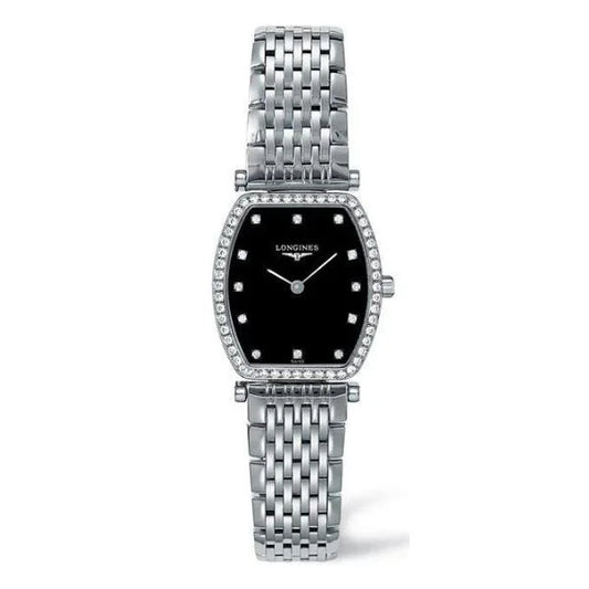 Front view of Longines Evidenza L4.288.0.58.6 women’s watch with black dial, diamond bezel, and stainless steel bracelet – HEY WATCH