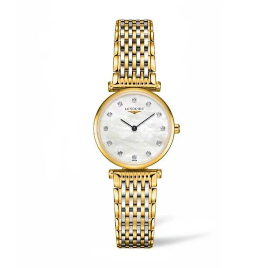Front view of Longines La Grande Classique L4.209.2.87.7 women’s watch with mother-of-pearl dial, diamond hour markers, and gold-tone stainless steel bracelet – HEY WATCH