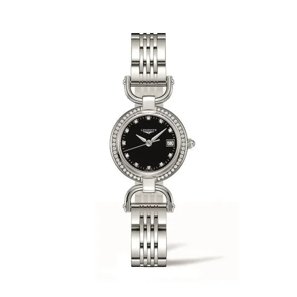 Front view of Longines Mini DolceVita women’s luxury watch with black dial, diamond bezel, and stainless steel bracelet – HEY WATCH