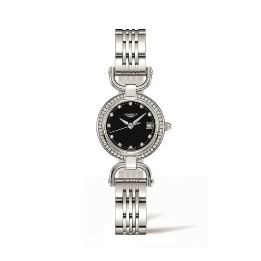 Front view of Longines Mini DolceVita women’s luxury watch with black dial, diamond bezel, and stainless steel bracelet – HEY WATCH