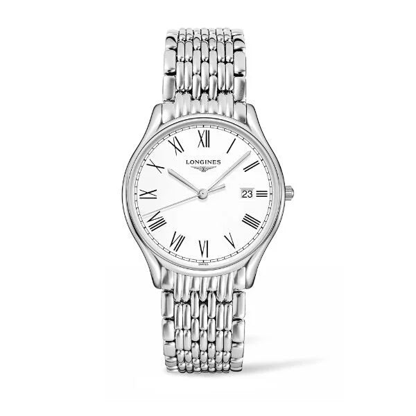 Front view of Longines Présence Collection men’s watch with silver dial, Roman numeral hour markers, and stainless steel bracelet – HEY WATCH