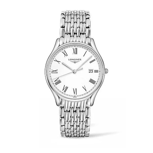 Front view of Longines Présence Collection men’s watch with silver dial, Roman numeral hour markers, and stainless steel bracelet – HEY WATCH