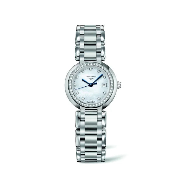 Front view of Longines PrimaLuna L8.110.0.87.6 women’s watch with mother-of-pearl dial, diamond hour markers, and stainless steel bracelet – HEY WATCH
