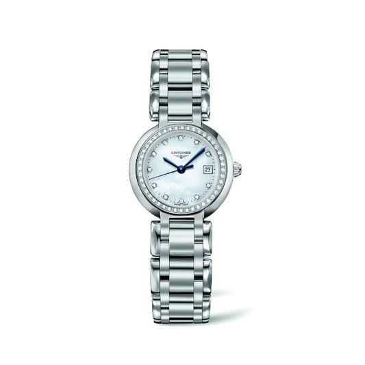 Front view of Longines PrimaLuna L8.110.0.87.6 women’s watch with mother-of-pearl dial, diamond hour markers, and stainless steel bracelet – HEY WATCH