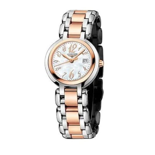 Front view of Longines PrimaLuna L8.110.5.83.6 women's two-tone rose gold and stainless steel watch with white mother-of-pearl dial – HEY WATCH