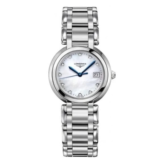 Front view of Longines PrimaLuna L8.112.4.87.6 women's stainless steel watch with white mother-of-pearl dial and diamond hour markers – HEY WATCH