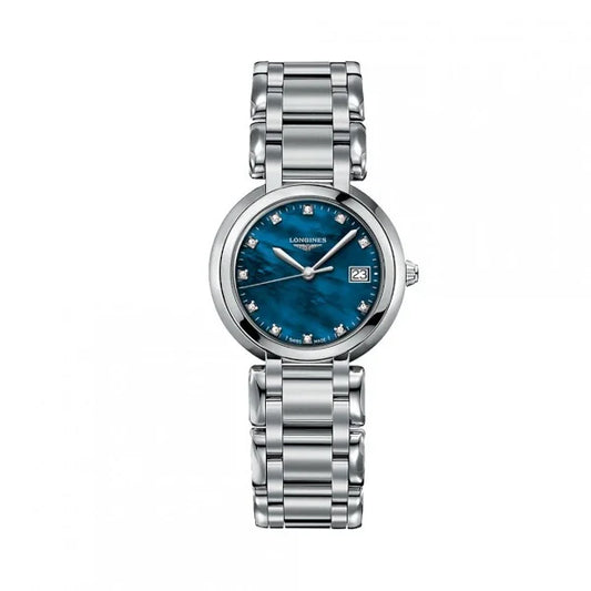 Front view of Longines PrimaLuna L8.112.4.98.6 women's watch with blue mother-of-pearl dial, diamond markers, stainless steel case and bracelet – HEY WATCH