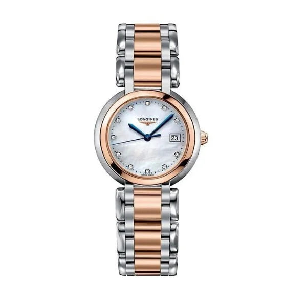 Front view of Longines PrimaLuna L8.112.5.87.6 women's two-tone rose gold and stainless steel watch with white mother-of-pearl dial and diamond markers – HEY WATCH