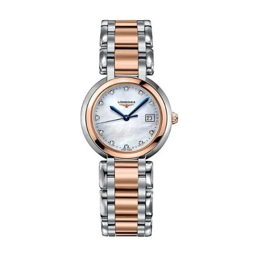Front view of Longines PrimaLuna L8.112.5.87.6 women's two-tone rose gold and stainless steel watch with white mother-of-pearl dial and diamond markers – HEY WATCH